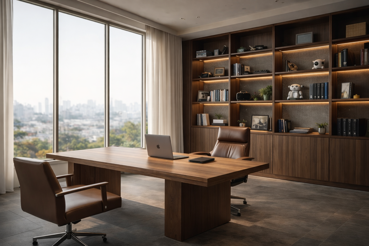 A contemporary office with city views and a refined, long-term perspective